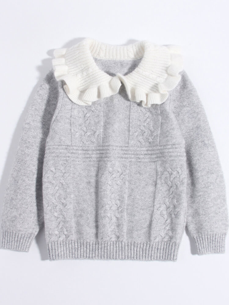 Girls Light Gray Cable Knit Cashmere Sweater with Ruffled Collar